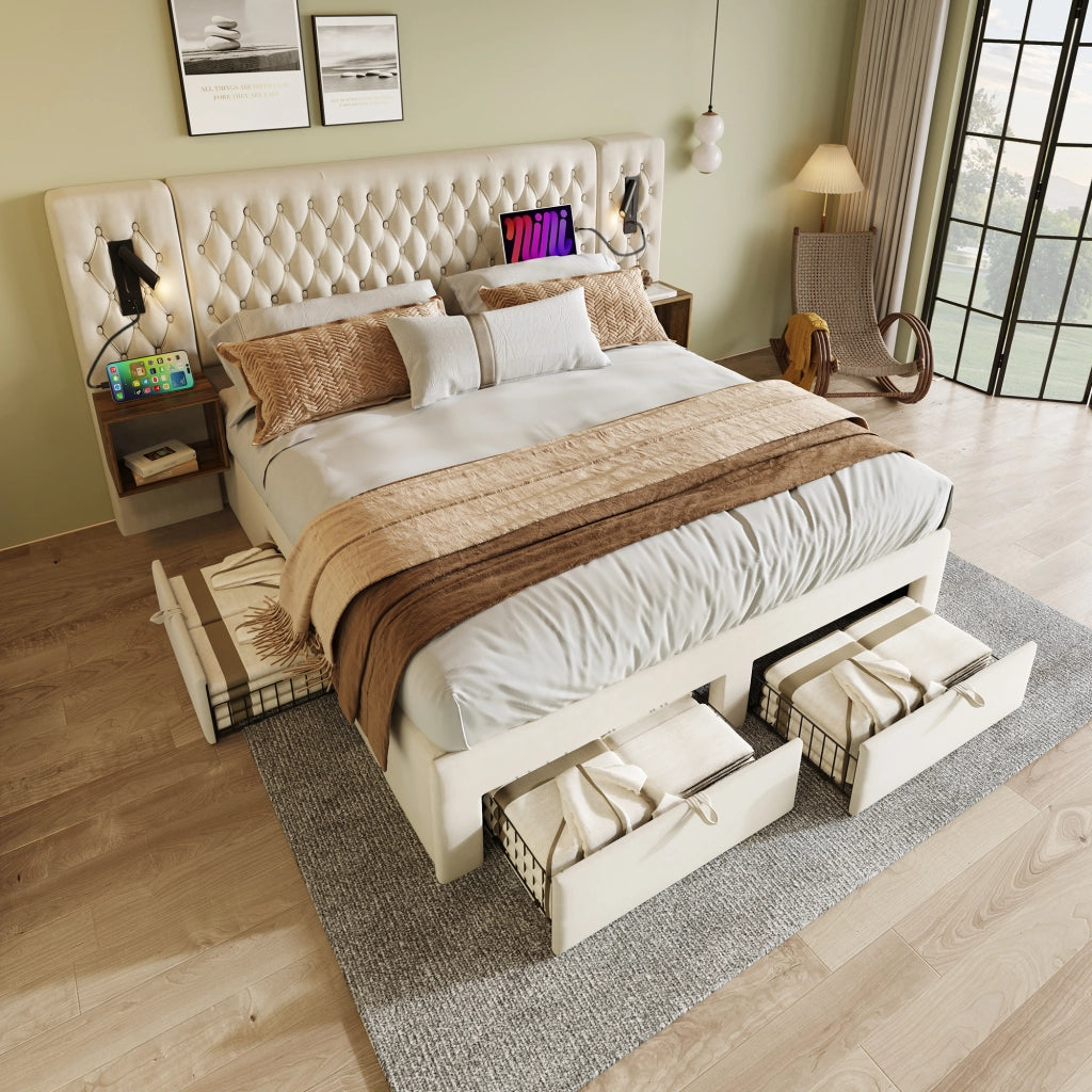 LETTO Matrimoniale 180x200 cm in velluto beige con 2 comodini, 4 cassetti e lampade da lettura