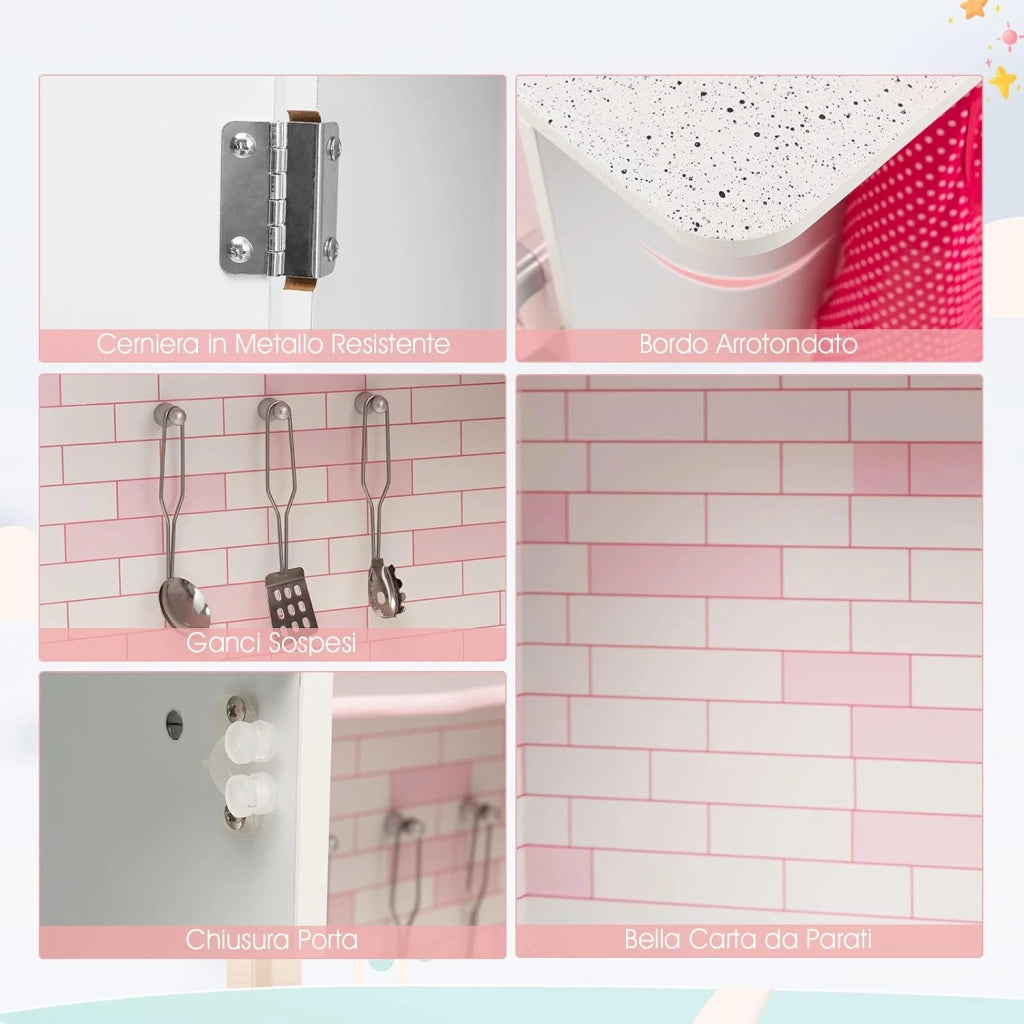Cucina Giocattolo per Bambini in Legno, Mini Cucina Angolare per Bambini con Luci e Suoni Interattivi e Accessori per Cucina, Ideale per 3+ Anni, Rosa