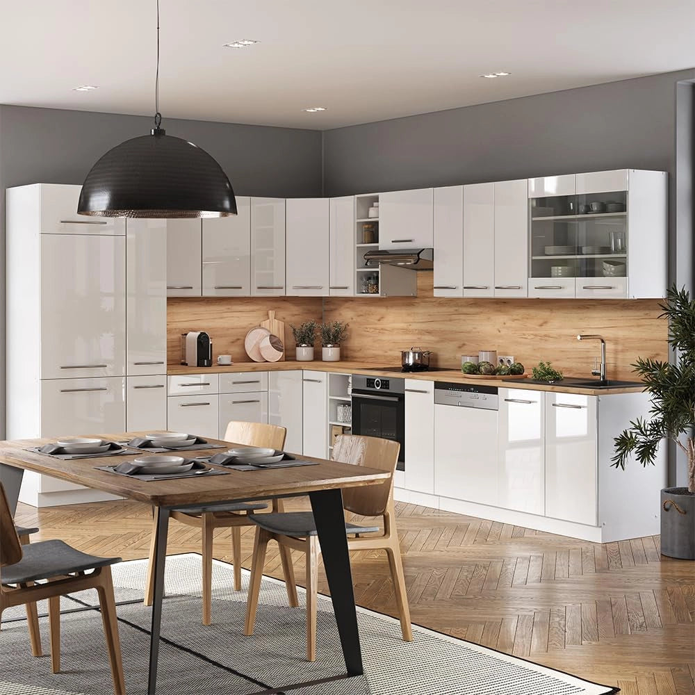 Cucina angolare completa Fame-Line, Bianco lucido/bianco, 347 x 60 cm, PL Antracite, adatto per una progettazione flessibile della cucina ed espansione modulare