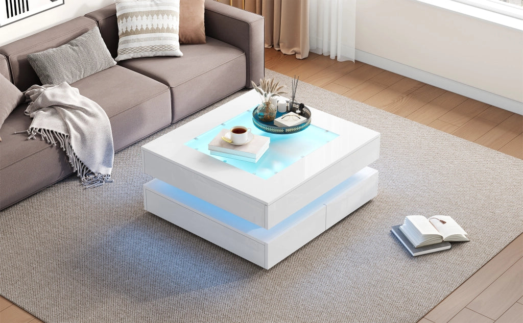 TAVOLINO DA SALOTTO 70 x 70 x 35 cm Bianco lucido con LED e 3 cassetti