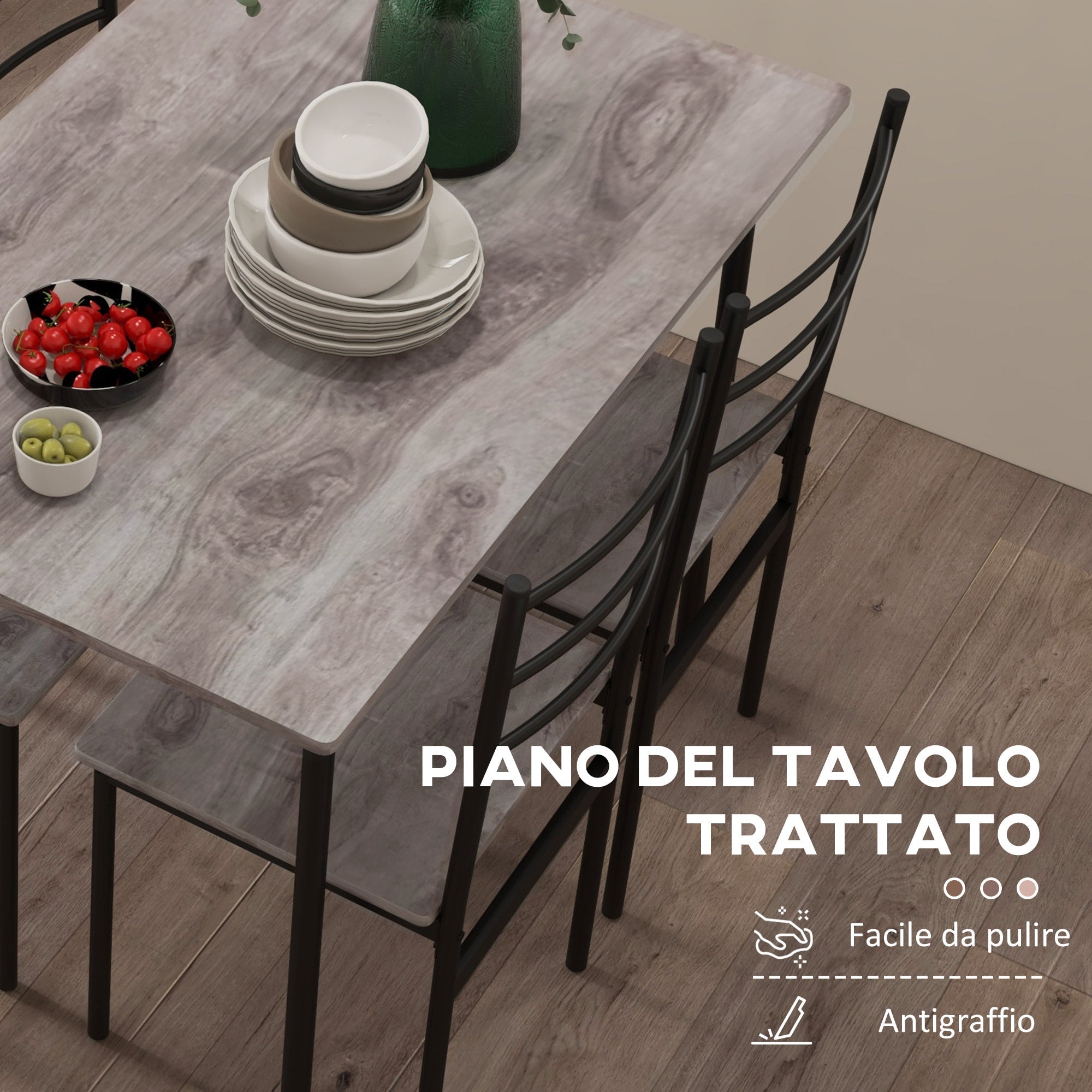 Set Tavolo Rettangolare con Sedie in MDF e Acciaio Nero e Marrone