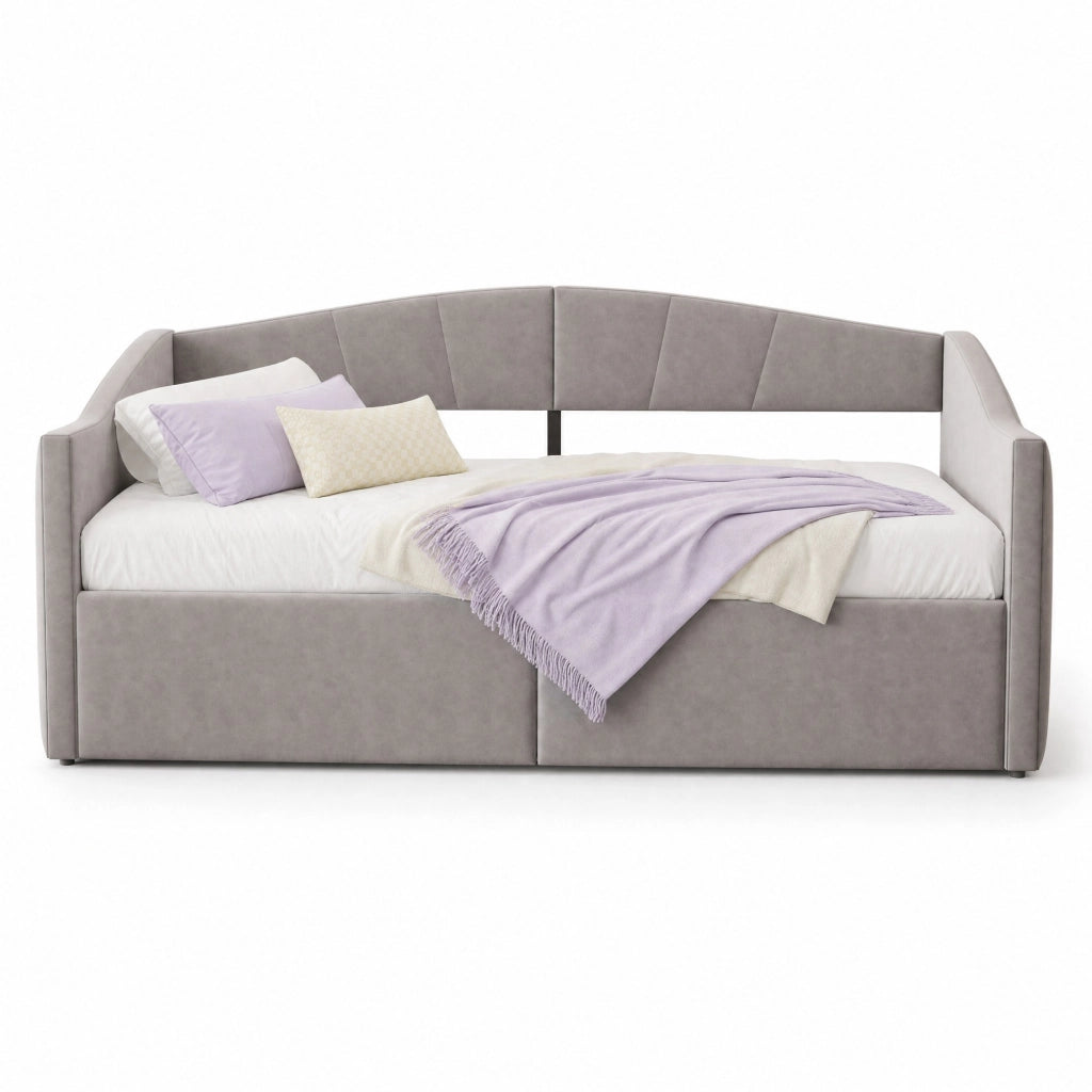 Letto divano imbottito con contenitore idraulico 90x200 cm in velluto grigio chiaro