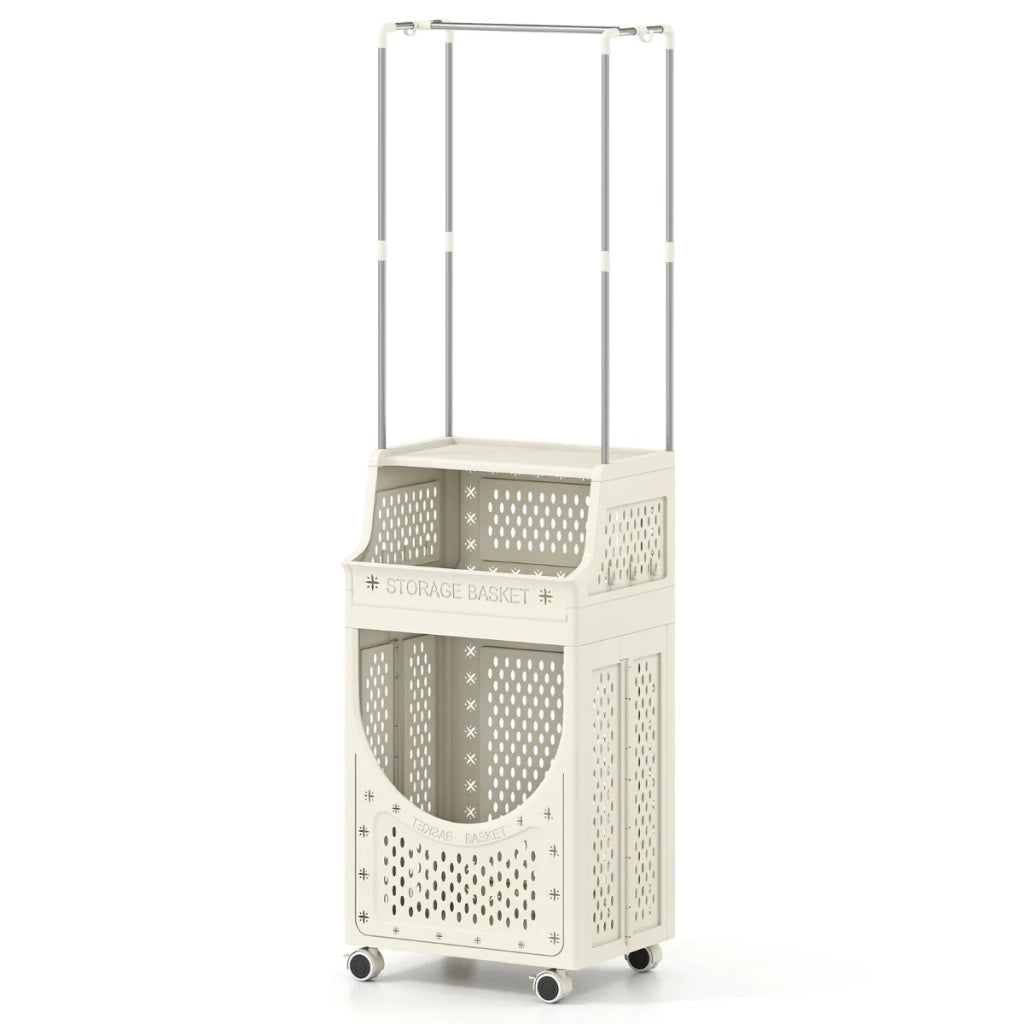 Carrello portabiancheria pieghevole a 3 ripiani con 8 ganci e comodo spazio per biancheria e detersivi beige PP 20_0017061