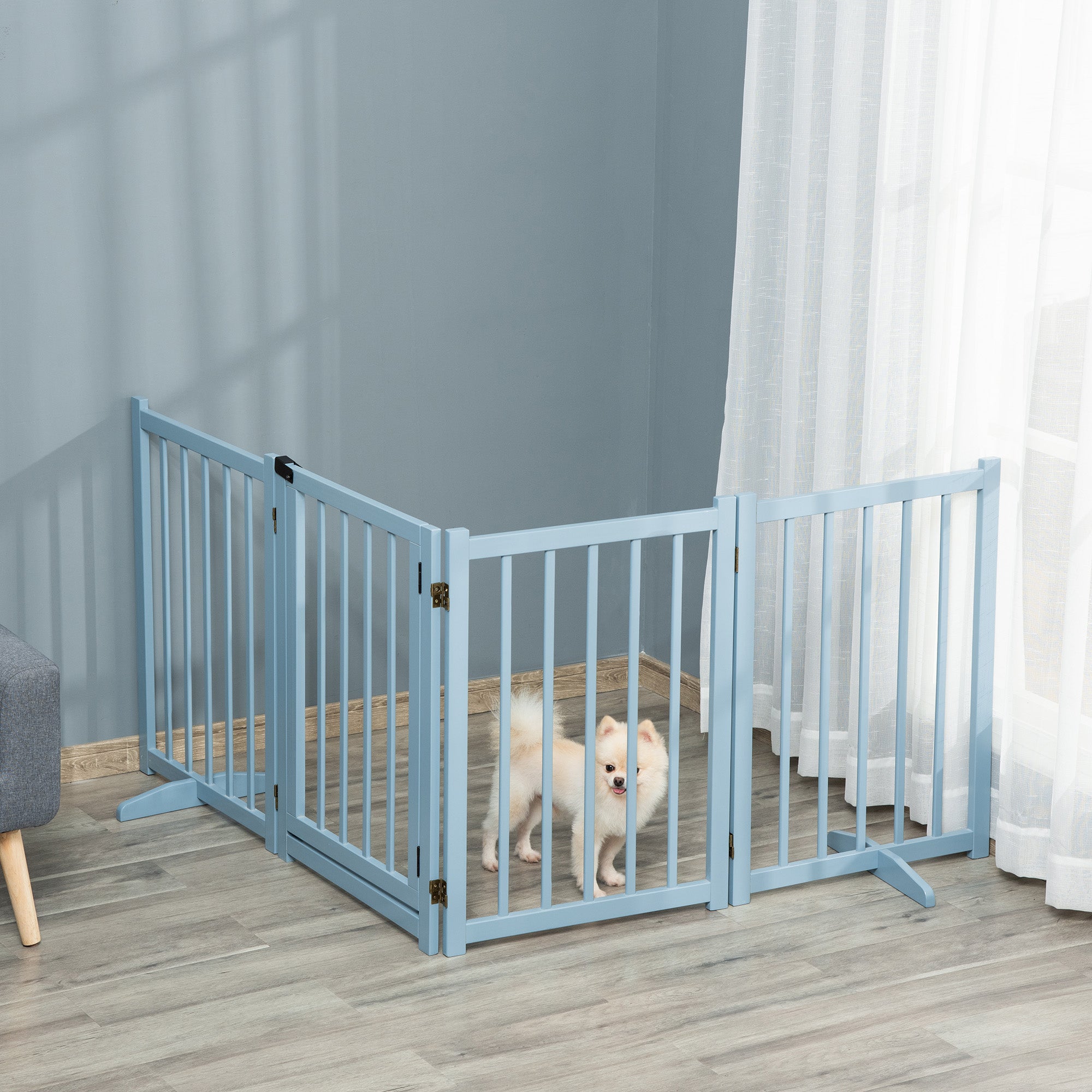 Cancellino Pieghevole per Cani Taglia Piccola e Media 237,5x36x80 cm con 4 Pannelli in Legno di Pino Blu Grigio