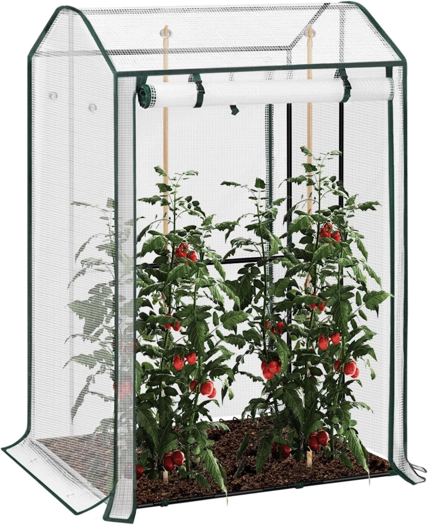 Serra da Giardino con Porte Avvolgibili, Serra da Balcone, Telo in Rete PE 140 g/m², per Piante Idrorepellente a Fori Rotondi per Piantare Pomodori Rampicanti e Altro, Bianco