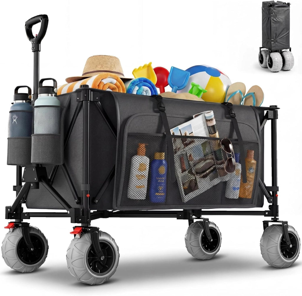 Carrello da Spiaggia Pieghevole 200L 150KG, Carrello Spiaggia per Tutti i Terreni con Ruote PU Extra Larghe 21.5x10cm, Carretto Pieghevole Maniglia Regolabile 90° per Spiaggia, Campeggio,Grigio