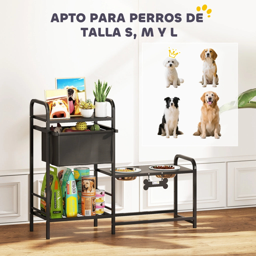 Ciotola Rialzata per Cani con Cassetto in Tessuto 2 Ciotole in Acciaio Inox 2x800ml Altezza Regolabile ¨C Xylo ¨C Nero
