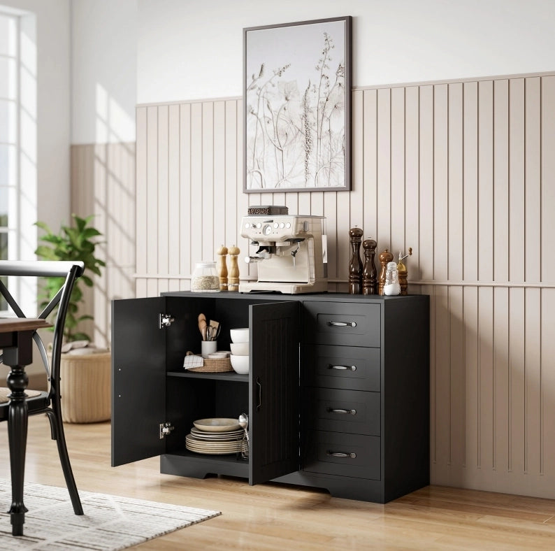 Madia moderna nera con 4 cassetti e 1 anta, 105 x 40 x 76 cm