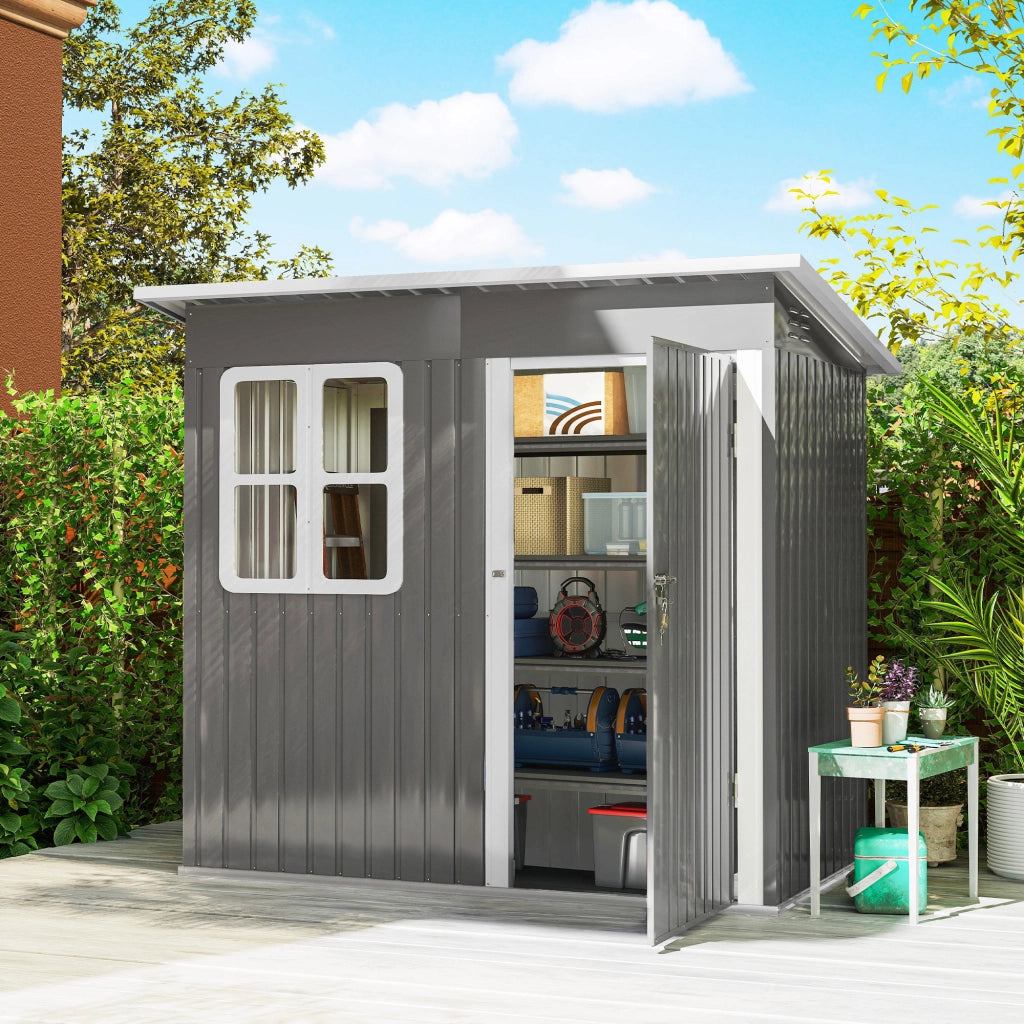 Casetta Box da Giardino 211x133x173/190 cm con Kit di Fondazione Porta Blocco Tetto Inclinato in Acciaio Zincato Grigio