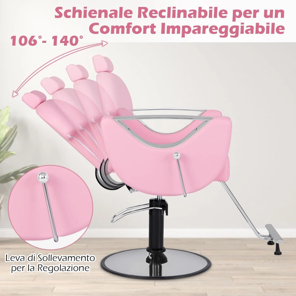 Sedia da Parrucchiere Girevole 360°，Altezza Regolabile, Poltrona Idraulica con Poggiapiedi, Sedia da Salone con Poggiatesta e Schienale Reclinabile, per Parrucchieri, Saloni di Bellezza (Rosa)