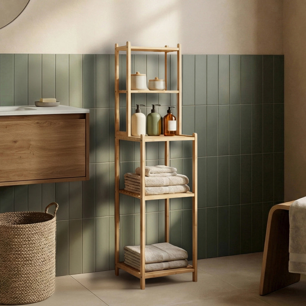 Scaffale da Bagno Anun in Bambù con 4 Scomparti Aperti 128 x 30 x 30 cm - Color Naturale [en.casa]