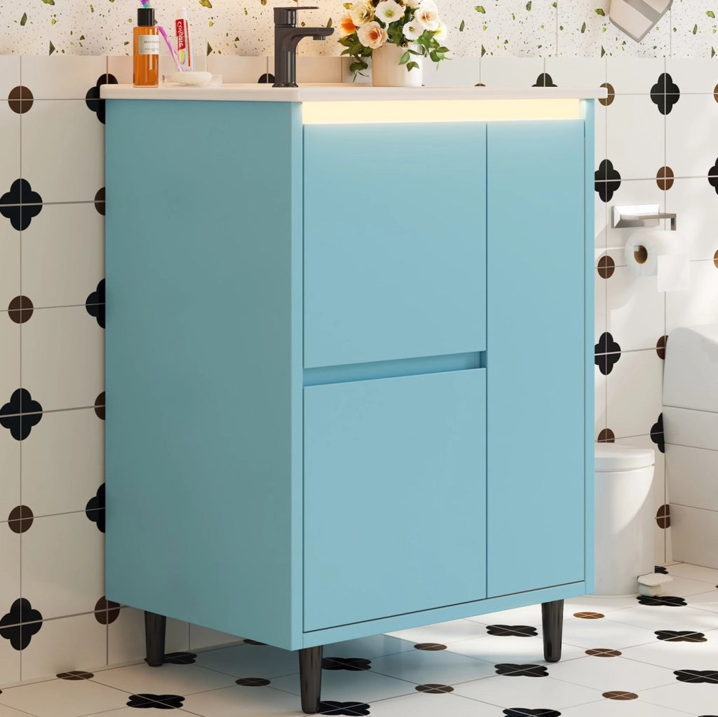 Mobile lavabo bagno freestanding blu con lavabo in ceramica, 2 cassetti e anta