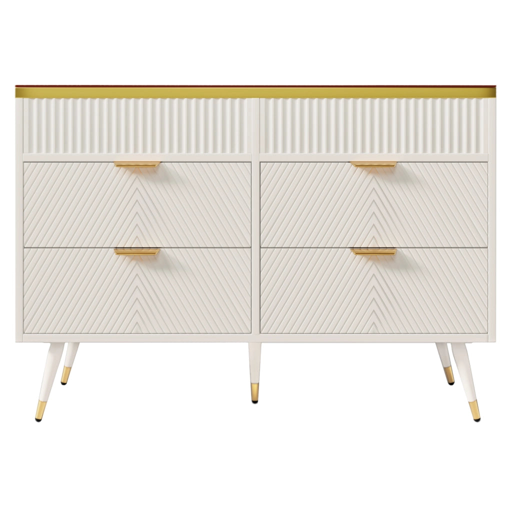 Cassettiera moderna con 6 cassetti, vetro marrone, struttura in truciolare e metallo, 120 x 40 x 76 cm