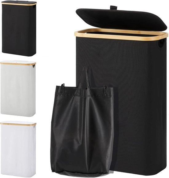Cestino per Lavanderia con Coperchio 48 Litri Raccoglitore di Lavanderia Sottile con Sacchetto per Lavanderia Pieghevole Legno Bambù Nero
