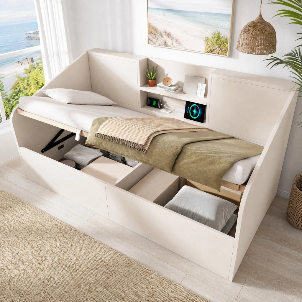 Letto singolo a divano con contenitore idraulico 90x190 cm; 2 ripiani e USB/Type-C; legno bianco
