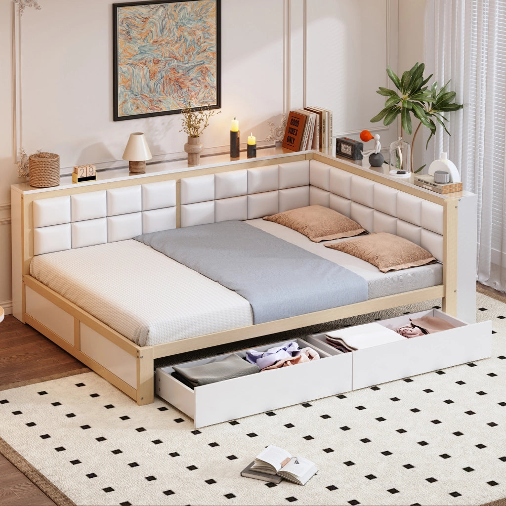 OKWISH Letto Divano 140×200 cm, Letto Matrimoniale con 2 Cassetti, Schienale Imbottito e Ripiani, senza Materasso, Legno Naturale
