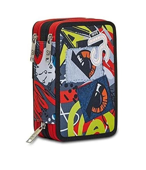 Astuccio Scuola 3 zip SJ Gang Facce New ,Completo di pennarelli ,Matite,Penne,Seven