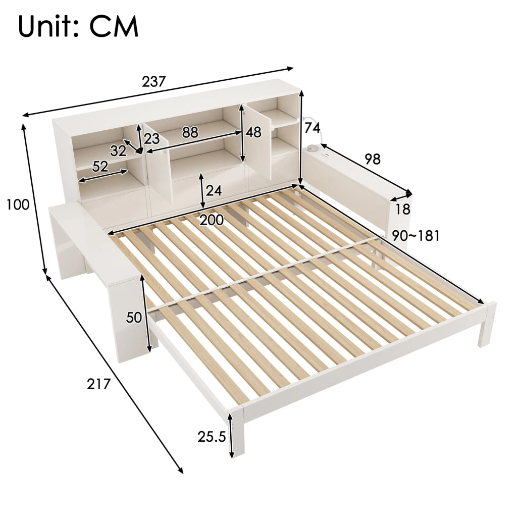 Letto a scomparsa con letto estraibile 90x200 cm; contenitore e porte USB; bianco