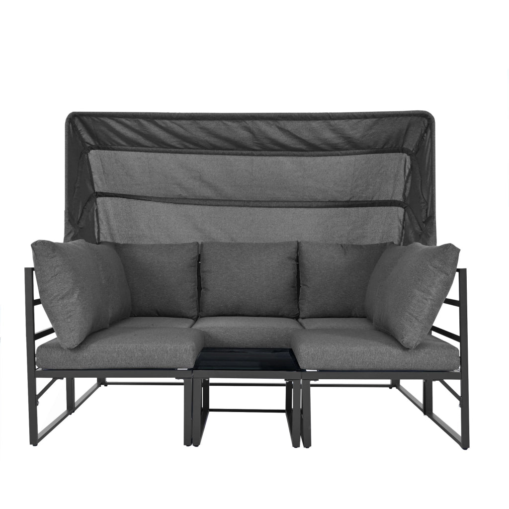 Set giardino 4 pezzi: sdraio + isola + salotto + sgabello + tavolo + tendalino; resistente; grigio; cuscini