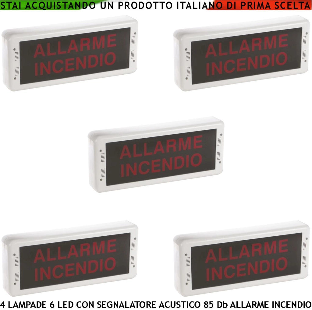SEGNALAZIONE VIA DI FUGA 5 PEZZI LUCE LED SIRENA 85 dB SCRITTA ALLARME INCENDIO PANNELLO A MURO EN 54-3 EN-54-23 DoP 1293 CPR-0511