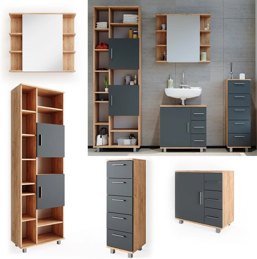 Set mobili bagno Ilias, Rovere, 60 cm, composto da mobile lavabo, pensile a specchio, colonna e base media