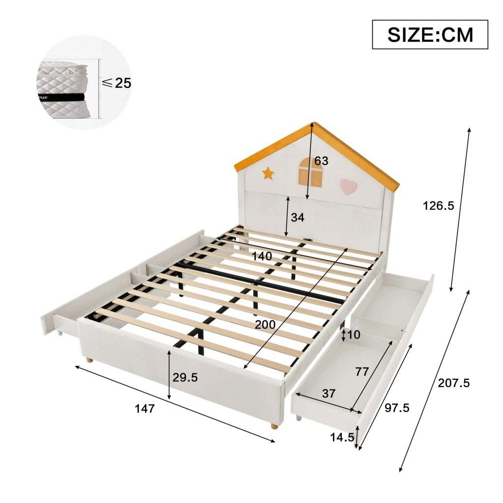 Letto per bambini 140 × 200 cm con testiera a casetta e 4 cassetti, senza materasso, in velluto beige