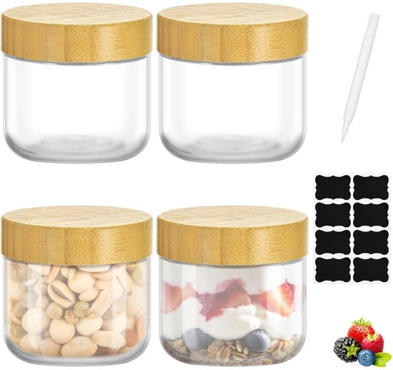 4 contenitori in vetro con coperture in bambù, 295 ml contenitore in vetro riutilizzabile con bocca ampia per overnight oats, granaglie, snack, contenitore di scorta per cucina BPA-free con etichette adesive