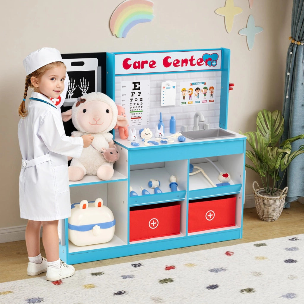 Ufficio del dottore giocattolo medico in legno per bambini, Ufficio del dottore radiografie monitor ecg Blu
