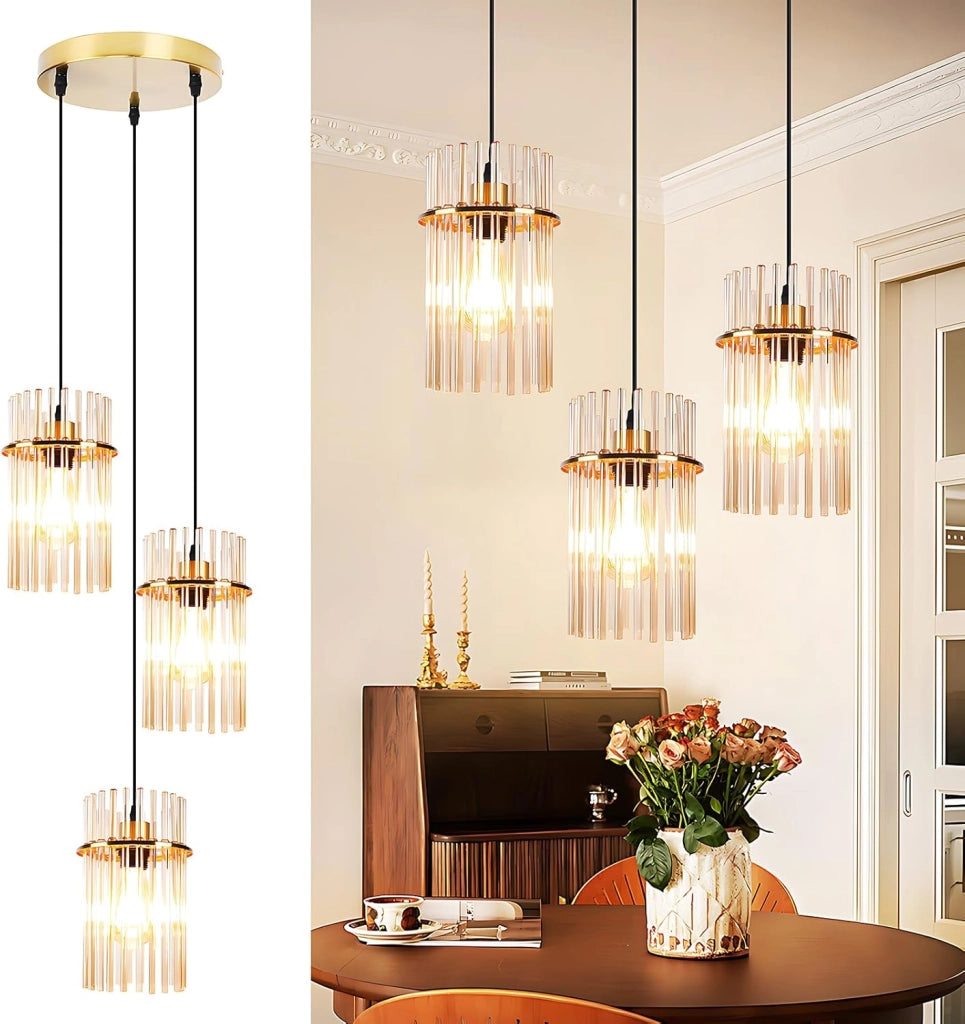 Lampada a sospensione ZMH vintage a 3 fiamme intorno vetro dorato E27 (senza lampadina)