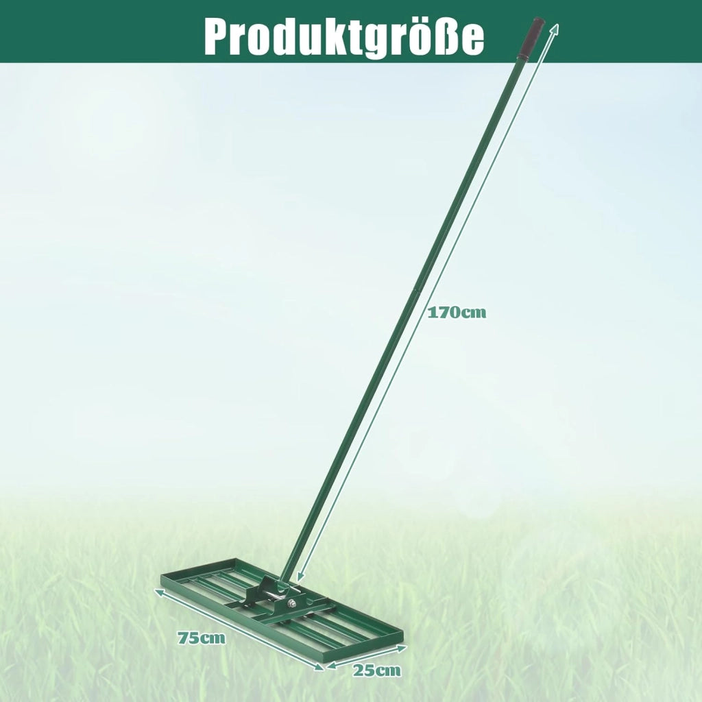 Rastrello Livellatore per Prato 170 cm, Raschietto Livellatore in Metallo Robusto con Manico Lungo e Spesso, Livellatrice per Terreno, Ghiaia, Orto ed Erbacce da Giardino (75 x 25 cm, Verde)