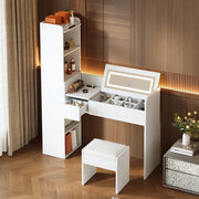 Toeletta con specchio LED pieghevole tre luci USB armadio laterale e sgabello bianca 131 × 40 × 160 cm