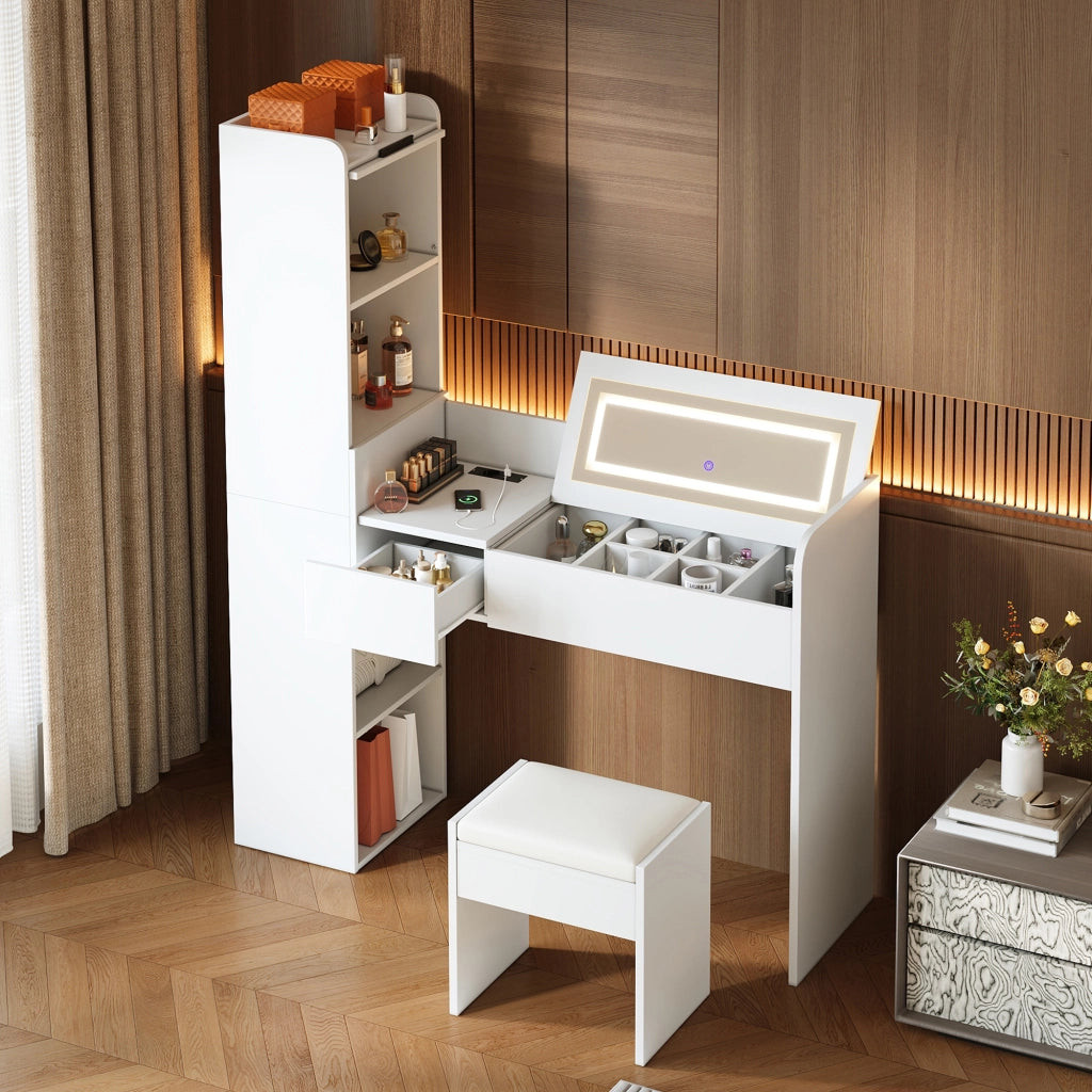 Toeletta con specchio LED pieghevole tre luci USB armadio laterale e sgabello bianca 131 × 40 × 160 cm