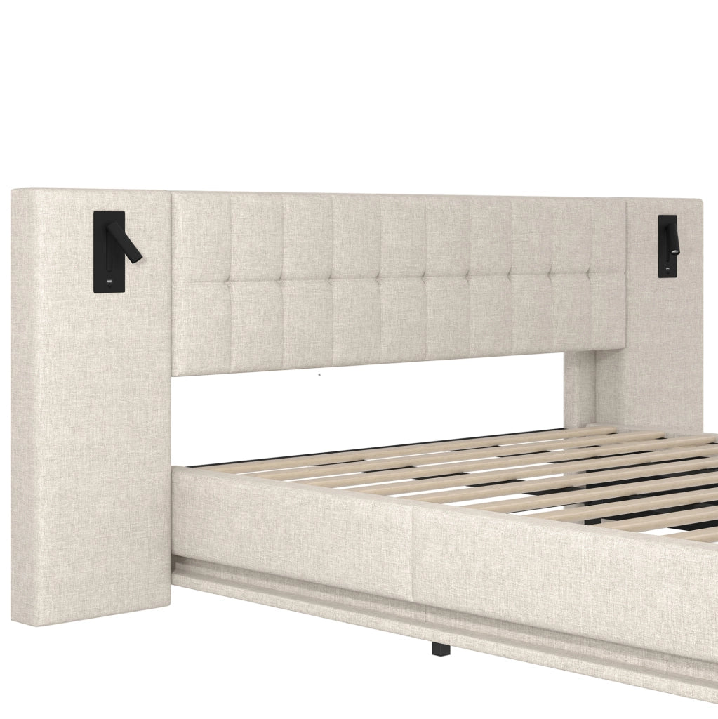 Letto imbottito 180x200 cm con LED; spot e USB in lino beige