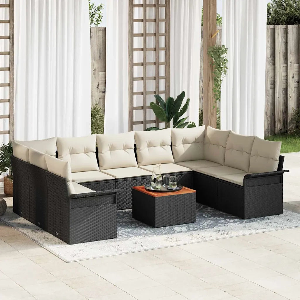 Set Divano da Giardino 10 pcs Nero e Crema polyrattan
