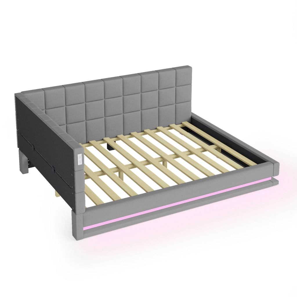 Divano letto matrimoniale 160x200 cm in lino grigio con LED; USB e rete a doghe