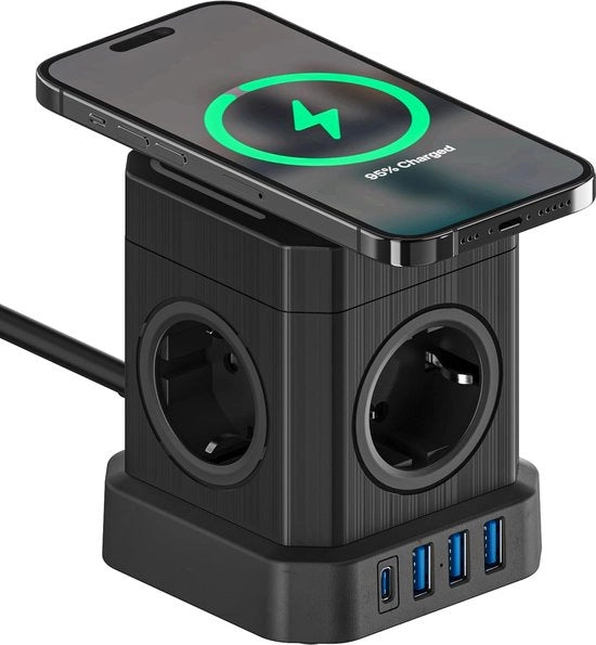 Pannello di alimentazione 8-polare con caricatore wireless - presse USB-C - 4000W Nero Pannello di alimentazione