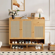 Scarpiera in Rattan con 3 Ante, 1 Cassetto e 5 Ripiani ¨C MINIMAL ¨C Legno Massello, 120x106x35 cm