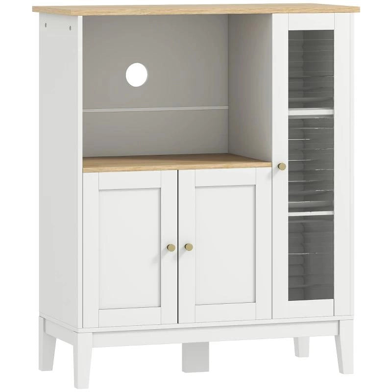 MOBILE MICROONDE CON ARMADIETTO INFERIORE E 3 RIPIANI LATERALI CON ANTA IN VETRO, IN LEGNO, 80X35X97 CM, BIANCO