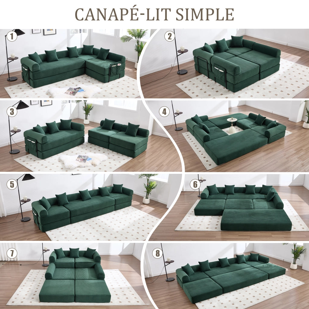 Canapé modulare con tasca laterale e funzione letto in velluto a coste verde smeraldo 270 × 180 × 64 cm