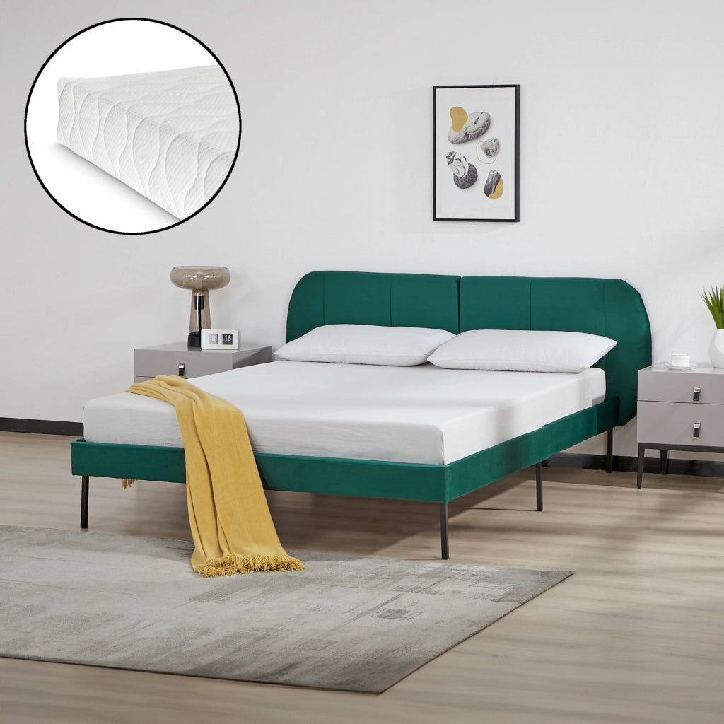 Letto Francese Porvoo con Testiera e Materasso 140x200 cm Rivestimento in Velluto - Verde Scuro [en.casa]