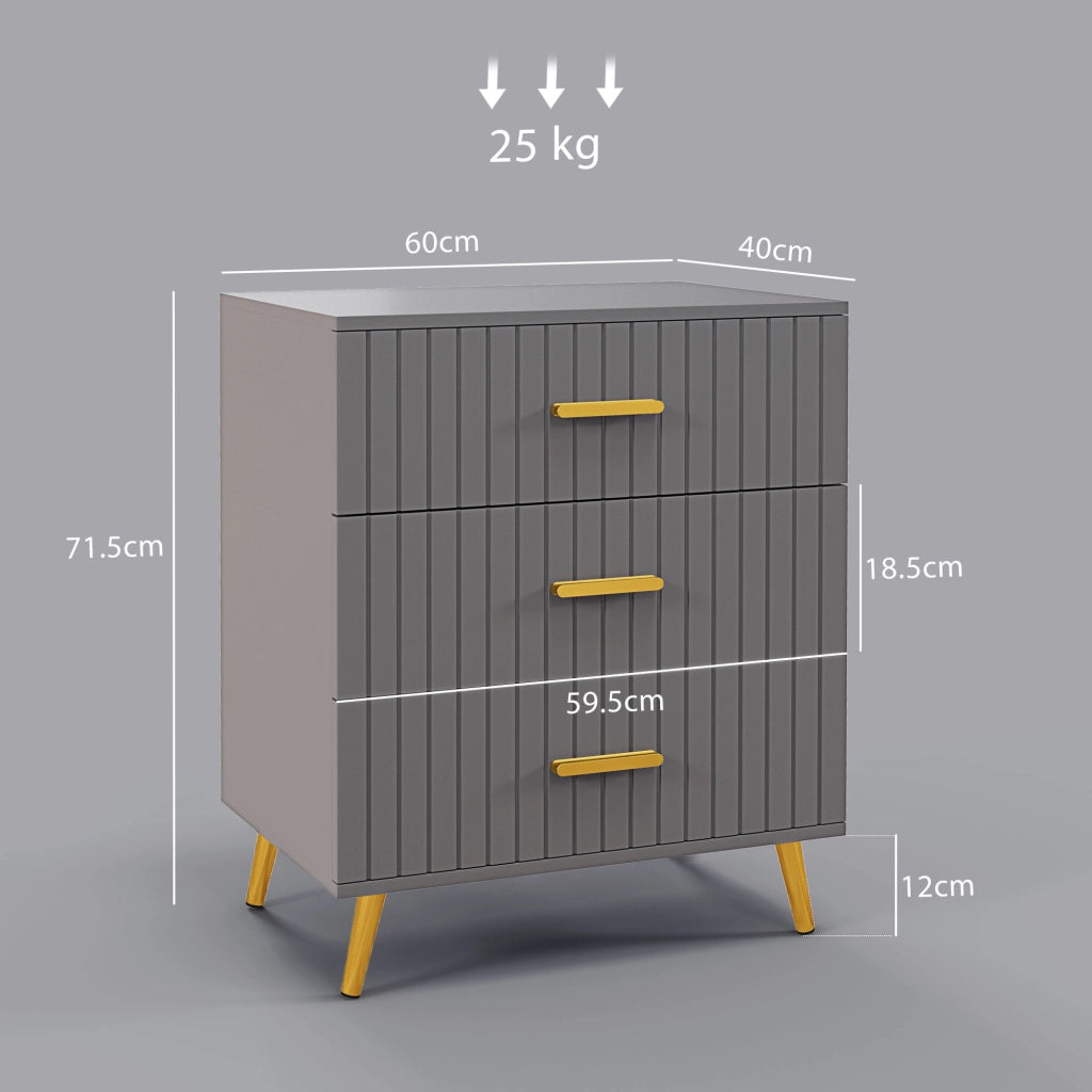 Cassettiera 3 Cassetti Moderna in Legno e Alluminio, 60x40x71.5 cm, Oro e Grigio Scuro