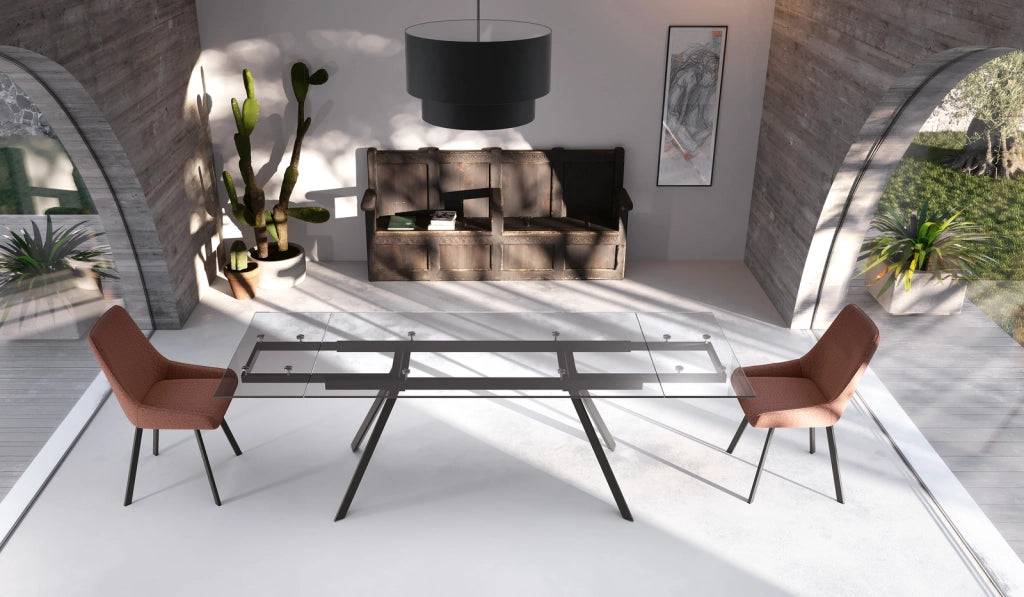Tavolo Allungabile Smokey OM/397/TR con Top in Vetro Temperato Trasparente e Gambe in Metallo Nero - 160/240x90x76 cm - Stones