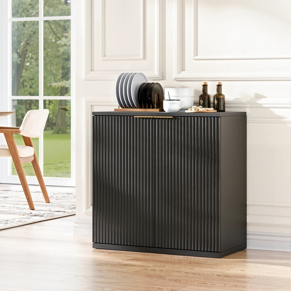 Credenza a 2 ante con ripiani e vano aperto; per soggiorno; in MDF; 80×40×80 cm; nera
