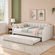 Letto singolo imbottito con secondo letto estraibile e design salvaspazio