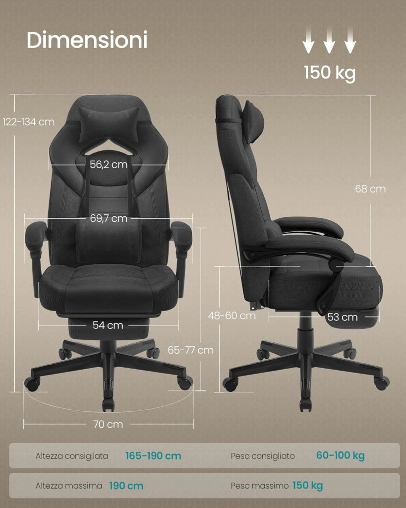 SONGMICS Sedia Gaming, Sedia Ufficio Scrivania, Ergonomico, con Poggiapiedi, Poggiatesta Regolabile, Cuscino Lombare, Portata 150 kg, Nero Inchiostro OBG077BH21
