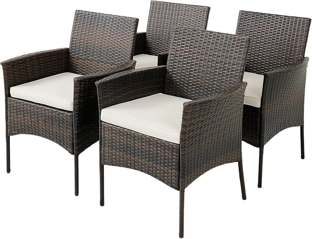 Set di 4 sedie da giardino in rattan, poltrone da esterno con cuscini estraibili, sedie in rattan per giardino, balcone, patio, marrone + beige