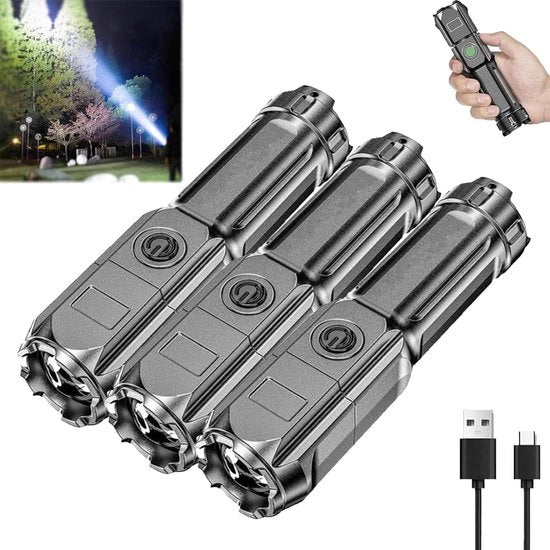 Pacco da 3 LED torce tattiche super luminose – Caricabatteria e zoomabile