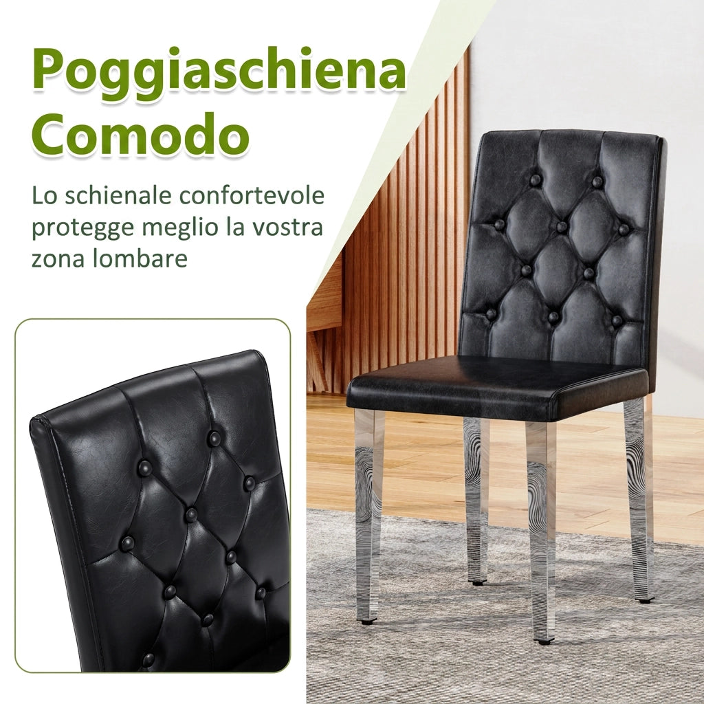 Set di 4 sedie da pranzo nere in ecopelle con gambe in metallo argento; 89 cm