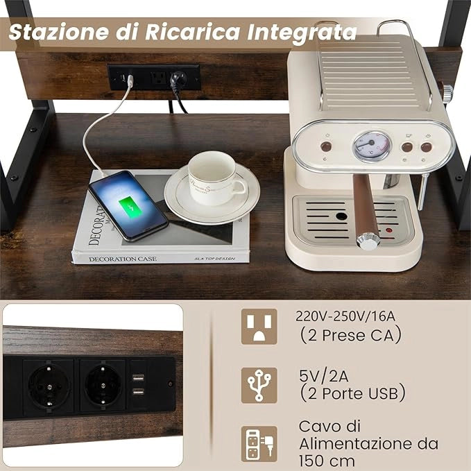 Mobile Bar Vino, Portabottiglie Industriale con 4 Ripiani, Porta Calici, Porte USB e Prese, con Struttura in Metallo Robusto, 75,5 x 48 x 163 cm
