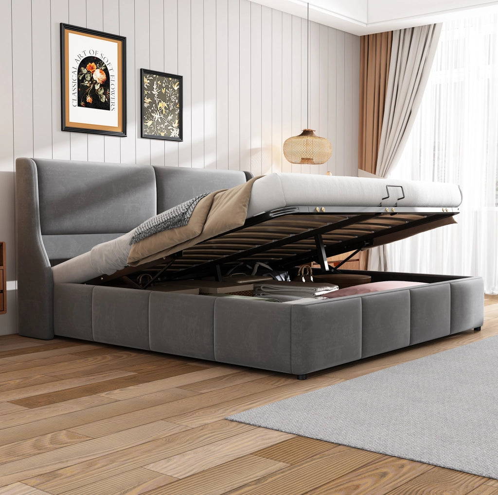 Letto matrimoniale imbottito 180x200 cm grigio con contenitore e rete a doghe